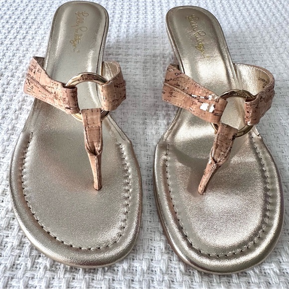Lilly Pulitzer McKim Natural Cork Gold Wedge Sandals Womens 8.5 Beachy Resort - Picture 2 of 10